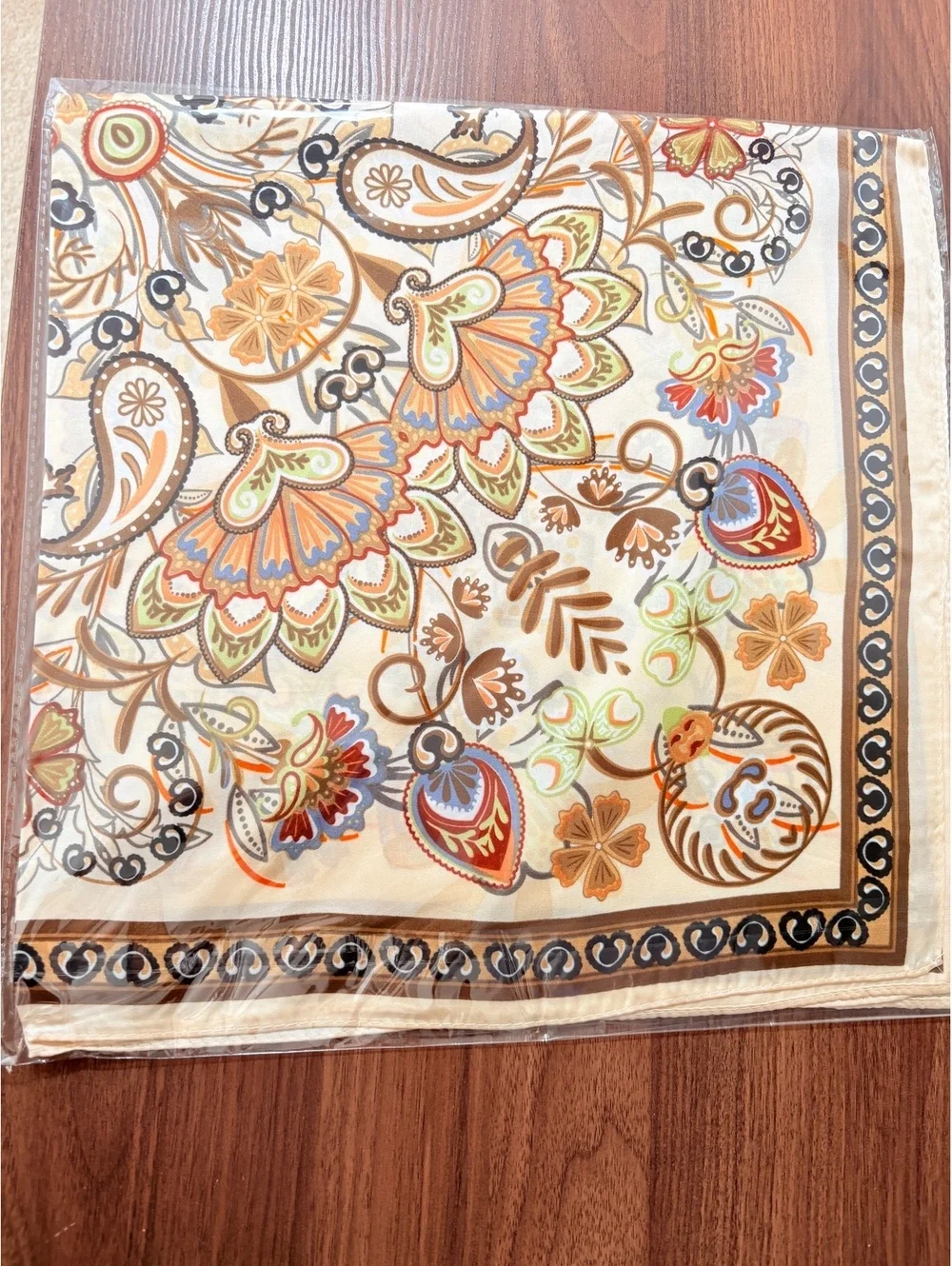 Elegant Vintage Floral and Paisley Pattern Women's Scarf in Warm Beige and Brown